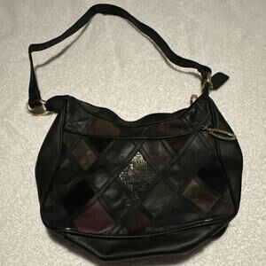 Cabin Creek Geometric Patchwork Shoulder Bag Black/Brown Gold Hardware Zip Lined